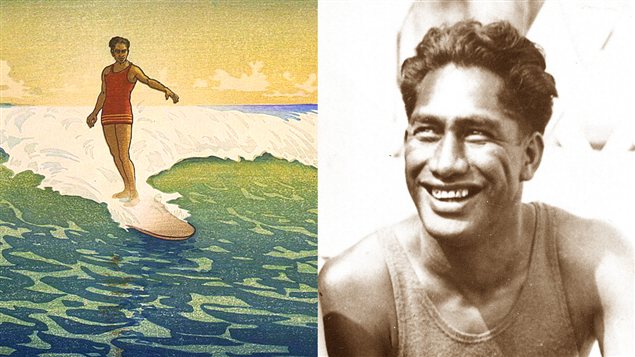 Carte postale de 1918 et Duke Kahanamoku aux Jeux olympiques de Paris, en 1924.