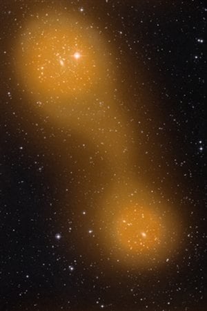 Représentation du pont de gaz chaud reliant une paire d'amas de galaxies.