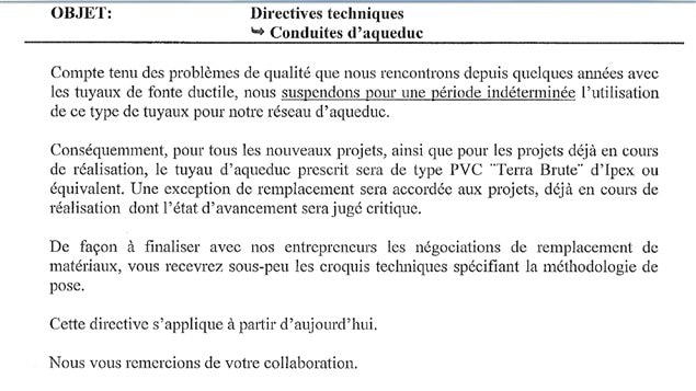 La directive a été écrite par Robert Marcil. Elle était notamment destinée à Yves Themens
