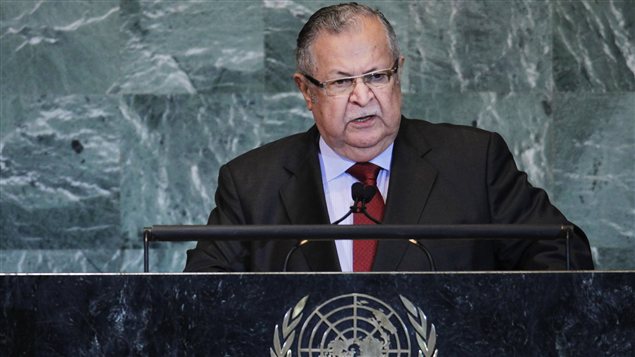 الرئيس العراقي الراحل جلال طالباني مخاطباً الجمعية العامة للأمم المتحدة في 23 أيلول (سبتمبر) 2011.