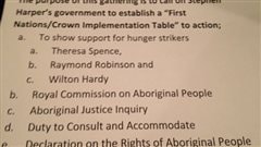 Une liste de revendications remise aux participants à une manifestation du mouvement Idle No More à l'aéroport international de Winnipeg, le 21 décembre 2012.