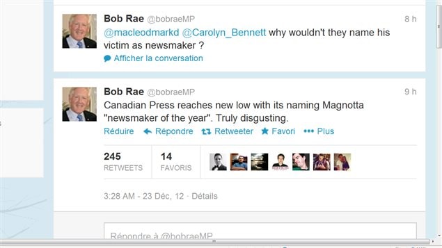 Le message de Bob Rae : La Presse Canadienne à son plus bas en nommant Magnotta personnalité médiatique de l'année. Vraiment dégoutant.
