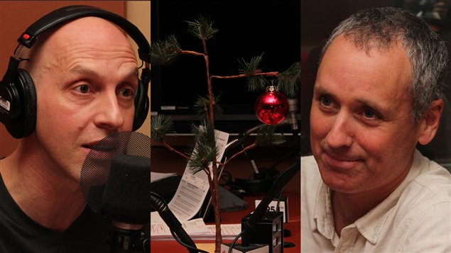 David Gentile, Vincent Marissal et le sapin de No�l que Philippe Desrosiers a amen� en studio. Radio-Canada/C�cile Gladel