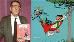 Andr� Franquin en 1989 et d�tail d'une couverture d'un Album de Gaston Lagaffe | �AFP/Pierre Bessard, �ditions Dupuis
