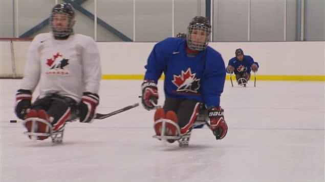 L'équipe nationale de hockey sur luge à l'entraînement.