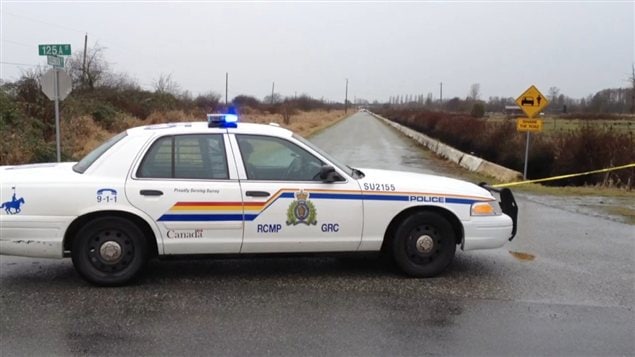 Voiture de police près des lieux du meurtre à Surrey.