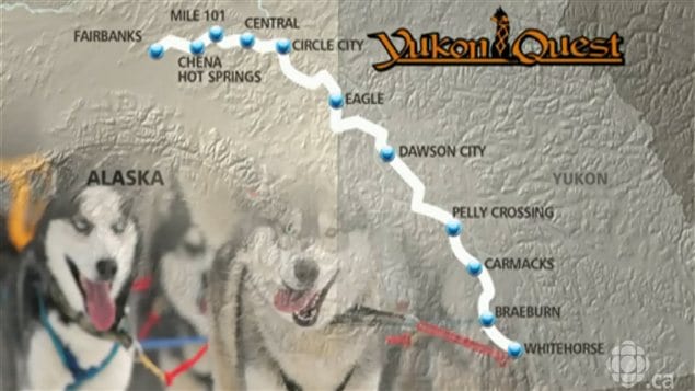 Carte de l'itinéraire que suivront les participants de la course internationale de traîneau à chiens Yukon Quest 2013, de Whitehorse, au Yukon, à Fairbanks, en Alaska.