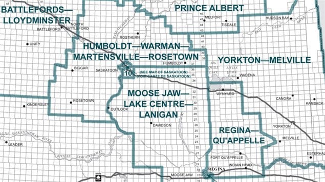 Carte des circonscriptions fédérales en Saskatchewan, préparée par la Commission de délimitation des circonscriptions électorales fédérales pour la Saskatchewan de 2012.