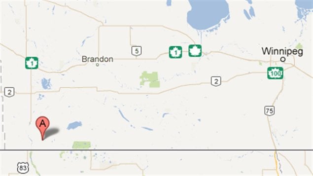 Carte montrant la communauté de Waskada, dans le sud-ouest manitobain, à proximité de la frontière du Dakota du Nord.