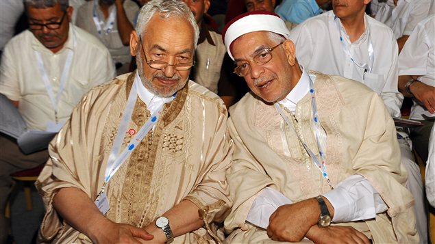 Rached Ghennouchi, le président d'Ennahda (à gauche), et Abdelfattah Mourou, vice-président du parti (à droite) lors du congrès du parti le 15 juillet 2012.