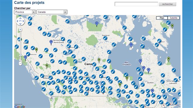 La carte des projets du plan d'action du gouvernement du Canada, telle que publiée sur le site du gouvernement.