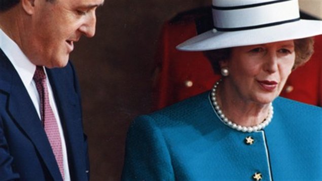 Then Prime Minister Brian Mulroney welcomes British Prime Minister Margaret Thatcher to the Economic Summit at Toronto City Hall in this June 19, 1988 file photo