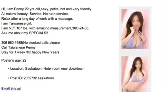 Aviso publicitario, en Internet, utilizado por la red de prostitución en la región de Saskatoon. 