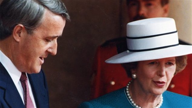 Then prime minister Brian Mulroney welcomes British Prime Minister Margaret Thatcher to the Economic Summit at Toronto City Hall, June 19, 1988.
