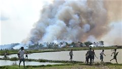 Campesinos huyen de su pueblo incendiado durante la violencia étnica en Sittwe, abril de 2012