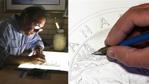 Pierre Leduc, peintre naturaliste, travaillant sur des pièces de la Monnaie royale canadienne. ©www.animalia.ca