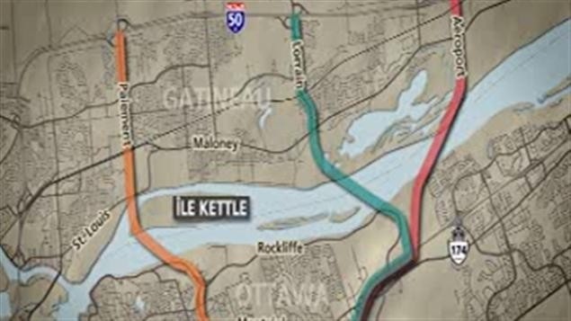 Trois corridors étaient à l'étude pour le futur pont entre Ottawa et Gatineau, dont celui de l'île Kettle.