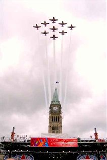 Flypast by Canadian air force Snowbirds 
