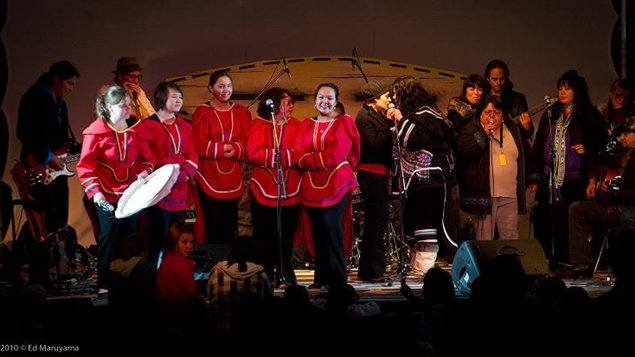Inuit drummers and throat singers on stage at the Alianait Arts Festvial in 2010.
