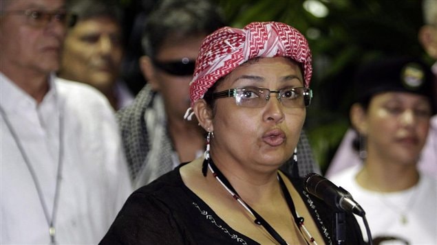 Victoria Sandino, una de las representantes de la guerrilla de las FARC en los diálogos con el gobierno, quien leyó la propuesta de los subversivos. 