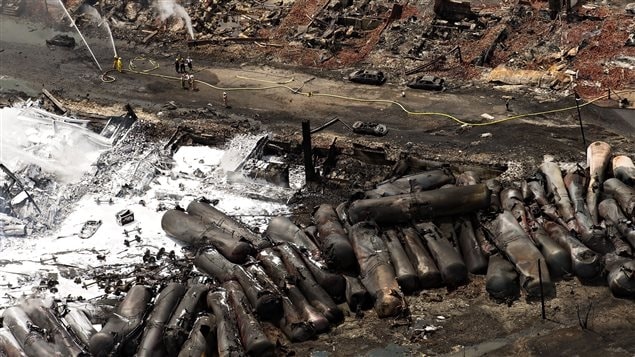 Le centre-ville de Lac-Mégantic le 7 juillet 2013, après le déraillement de train qui a dévasté la petite communauté.