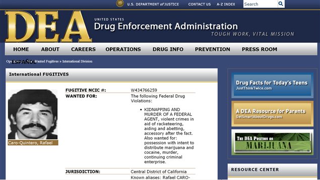Imágen del narcotraficante Rafael Caro Quintero en la página del Departamento de Justicia de Estados Unidos, donde aparece mencionado como uno de los fugitivos internacionales más buscados por la DEA.    