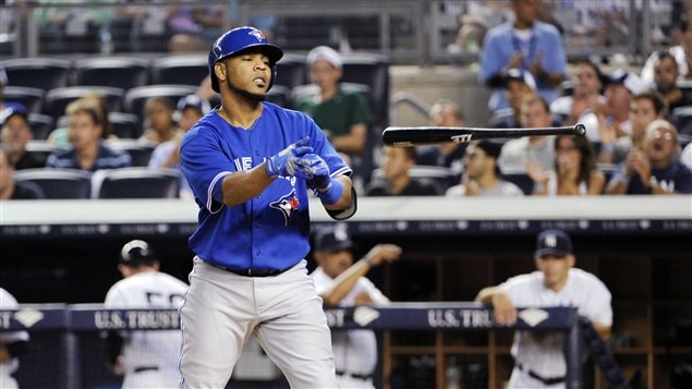 Another low moment: Toronto slugger Edwin Encarnacion flips his bat after striking out against the New York Yankees in August. Encarnacion is one of the few Jays playing to his full potential this season. Through Sunday, Encarnacion has 34 homers, 99 RBIs and a .370 OBP. With chagrin on his face, Encarnacion heads back to the dugout with Yankee manager Joe Girardi leaning on the rail in the Yankee dugout.