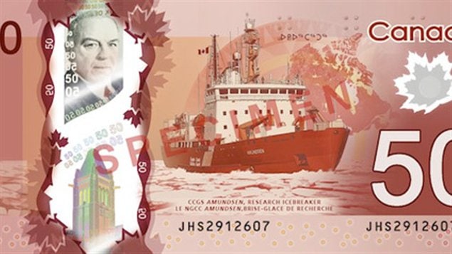 Billet de 50 dollars canadien avec l'effigie du navire de recherche arctique Amundsen.