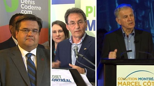 ثلاثة من بين المرشحين  لمنصب عمدة مونتريال  وهم من اليمين: مارسيل كوتيه وريشار برجورون ودوني كودير