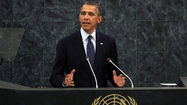 美国总统奥巴马在联合国午餐会上发表讲话。