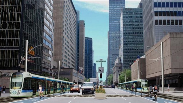 Un projet de tramway à Montréal projetait récemment de relier le centre-ville à une autre partie de la ville, toutes deux séparées par le Mont-Royal.