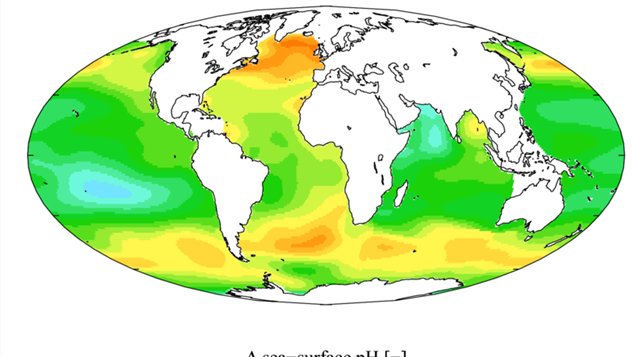 Le large de la côte est du Canada en rouge-orange est particulièrement vulnérable à l'acidification.