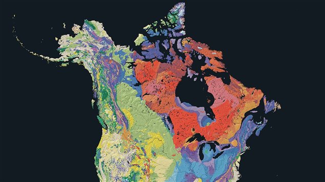 Dans les tons d'orange, de rose et d'ocre se dessine sur cette carte le fameux bouclier canadien.  Il recouvre 90 % de la province du Québec et presque la moitié de toute la superficie du Canada.