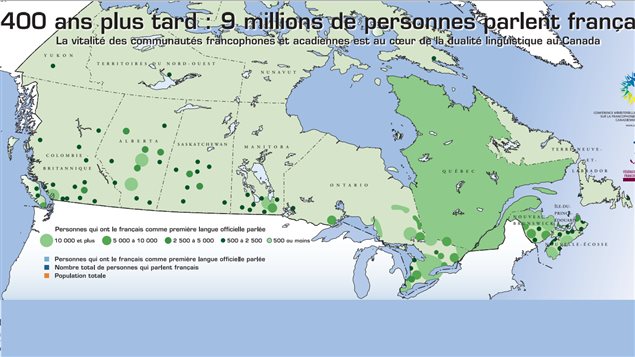 Carte des personnes ayant le français comme première langue oficielle parlée, par provinces et territoires