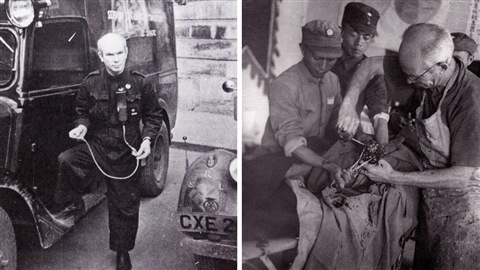 Le Dr Norman Bethune à gauche lors de la guerre civile espagnole, et à droite, dans un hôpital de Songyankou en Chine.