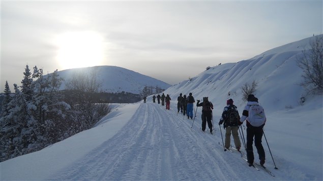 A row of students cross-country ski in single-file towards a small, snow covered mountain.