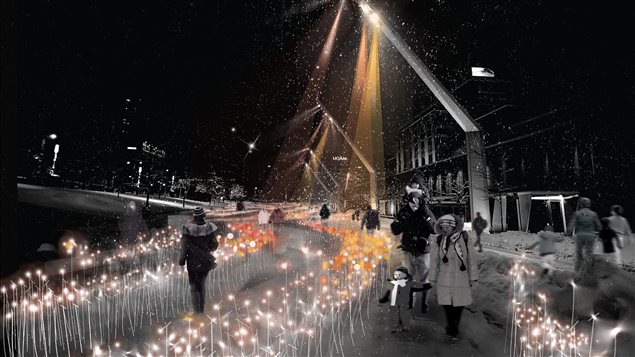 L’installation lumineuse <em>Entre les rangs</em>  de l’événement Luminothérapie au Quartier des spectacles Montréal