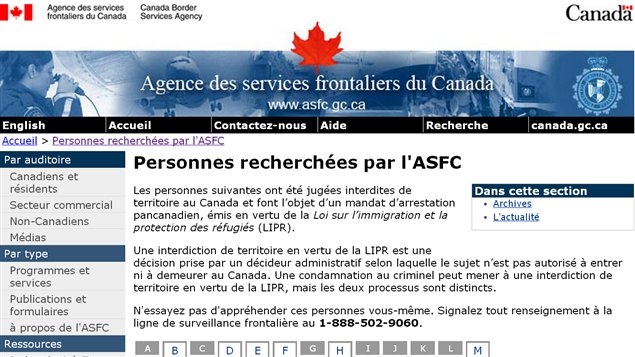 Página de la Agencia de Servicios Fronterizos de Canadá, en su sección los más buscados. 
