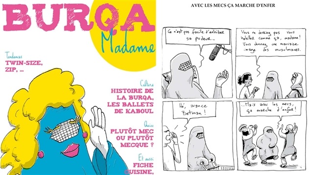 La couverture et une planche du magazine Burqa Madame, création de Jean-Cyrille Fontaine et d'André Mine. La couverture et une planche du magazine Burqa Madame, création de Jean-Cyrille Fontaine et d'André Mine.