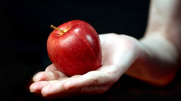 Une main tend une pomme