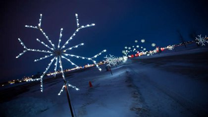A thin tree covered in lights and surrounded by snow brightens Winnipeg, Manitoba at night.
