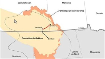 Les formations pétrolières de Bakken et Three Forks. Forks. En rouge, le tracé du projet de pipeline Bakken.