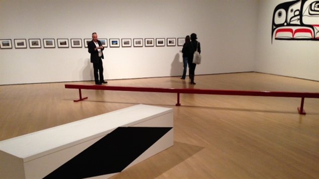 A photo with some art works including sculptures and paintings featured from the Beat Nation aboriginal art exhibition in Montreal.