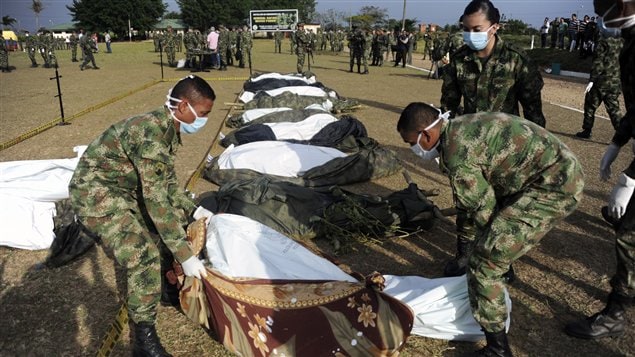 Soldados colombianos alinean los guerrilleros muertos.