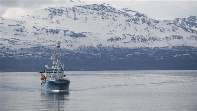 A ship on the water in front of snowy mountain in Tromso, Norway. 