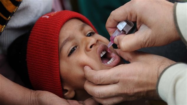 En Inde, un garçon reçoit le vaccin contre la polio.