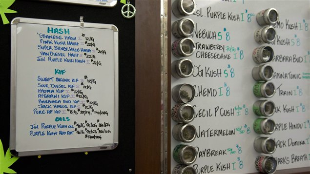 Varieties of marijuana are listed on a board that are available at The Dispensary in Vancouver. Medical marijuana laws are about to change in Canada. 