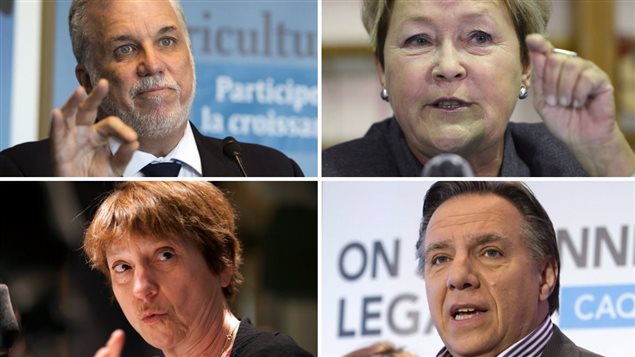 Les participants au débat des chefs : Philippe Couillard, Pauline Marois, François David et François Legault