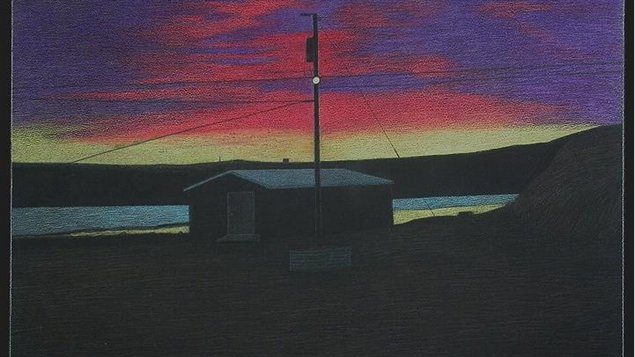 The drawing of a small cabin at dusk with a colourful sky behind it as the sun sets in the Canadian Arctic.