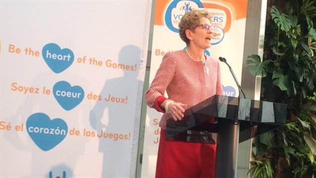 رئيسة حكومة أونتاريو كاثلين وين تعلن اليوم إطلاق حملة التطوع لدورة الألعاب الأميركية 2015 التي تجري في تورونتو